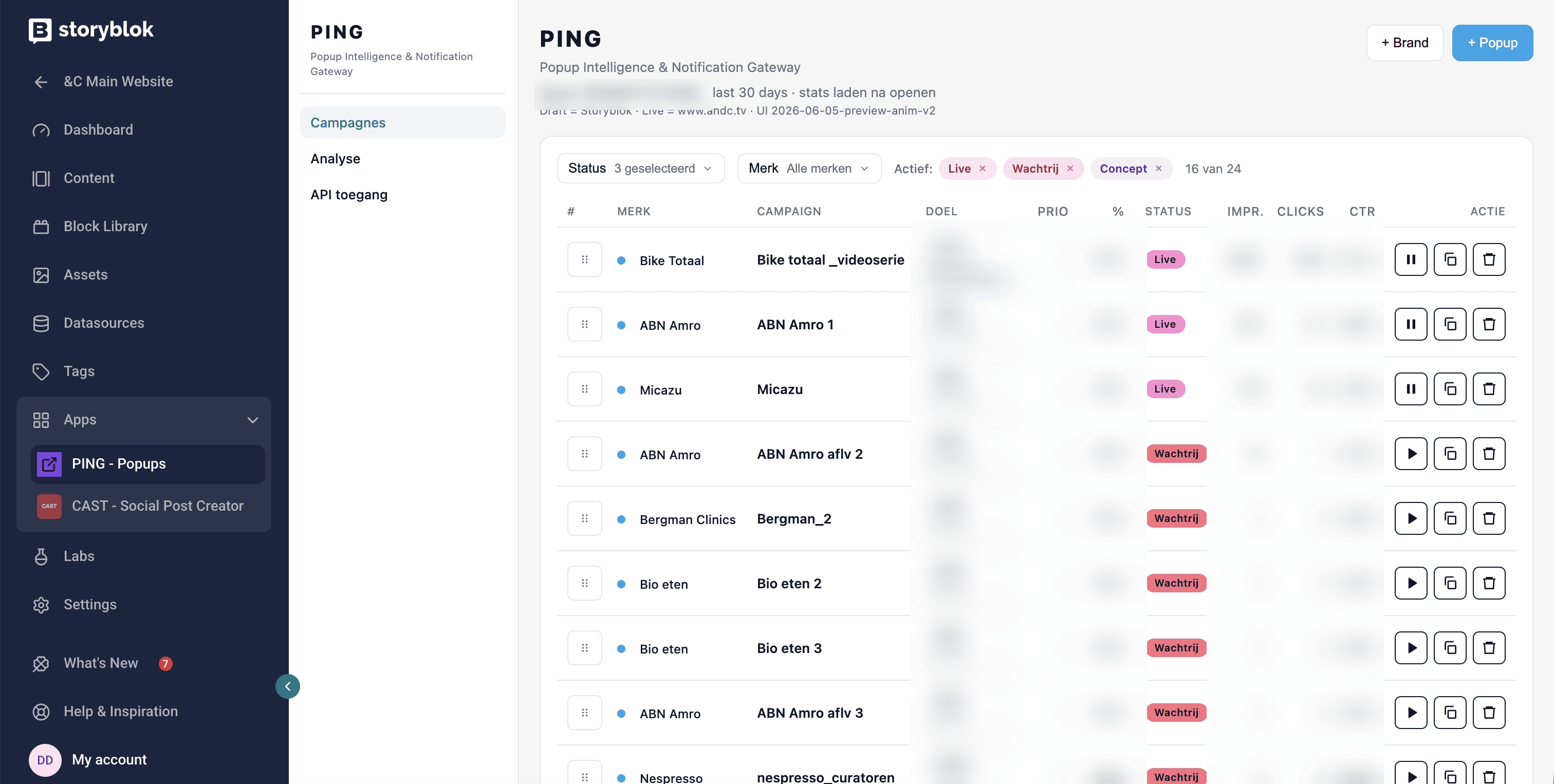 PING popup intelligence & notificatie-app in Storyblok, met campagnebeheer per merk