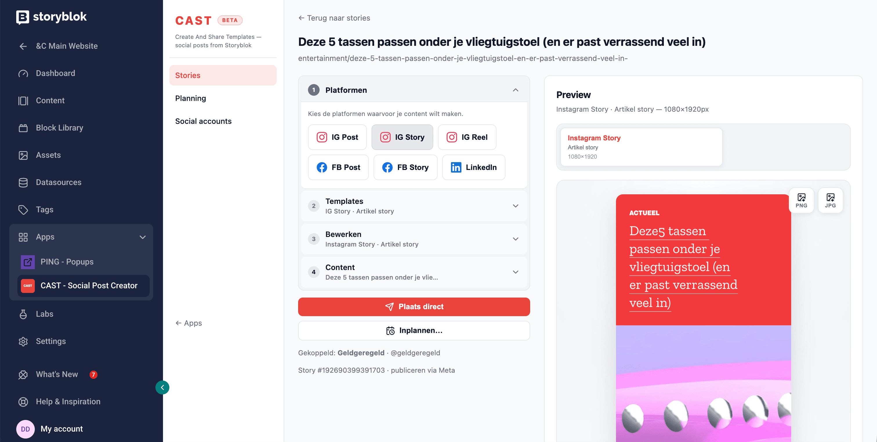 CAST social post creator in Storyblok, die artikelen omzet naar Instagram-stories en -posts