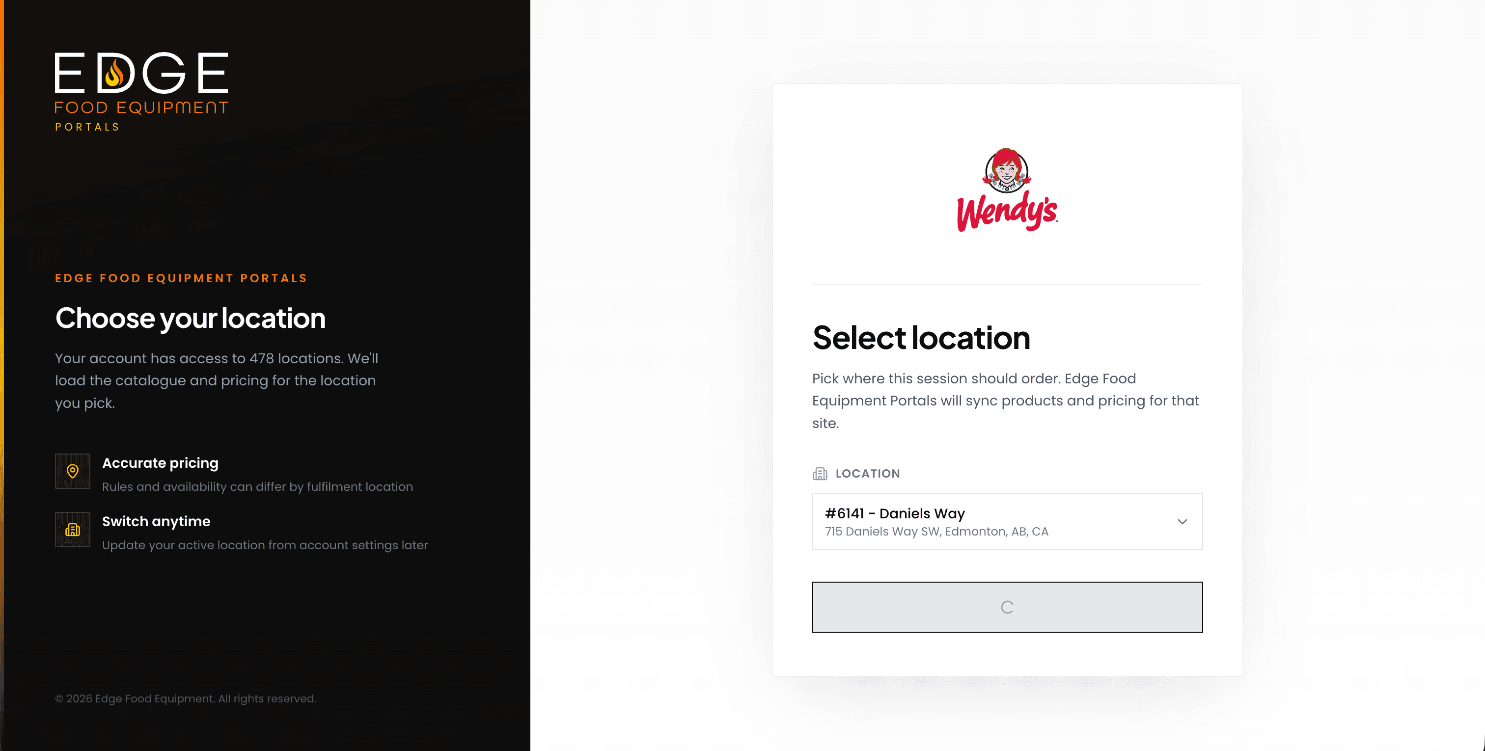 Edge Food Equipment Portals: locatiekiezer voor een B2B-klant met 478 vestigingen, met catalogus en prijzen per locatie