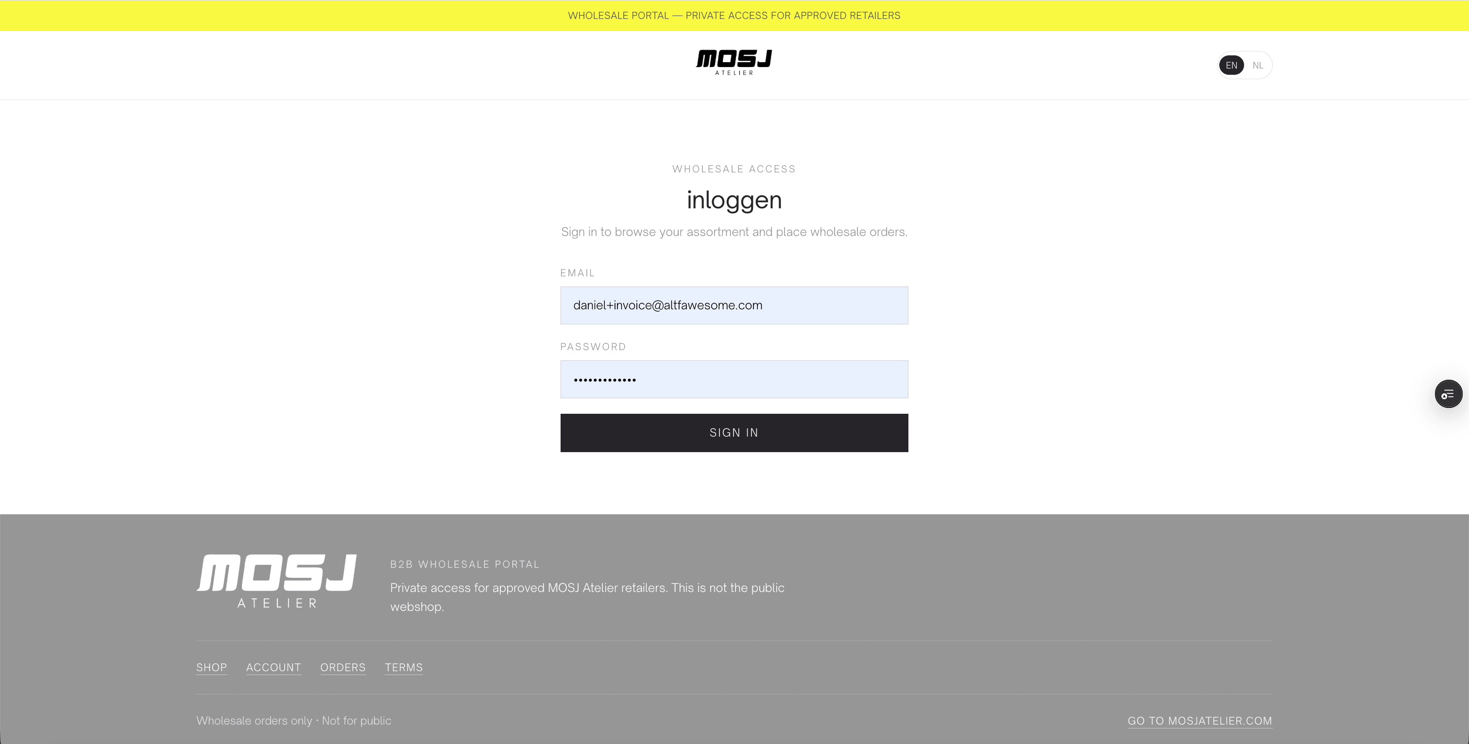 MOSJ Atelier wholesale portal login: privétoegang voor goedgekeurde retailers
