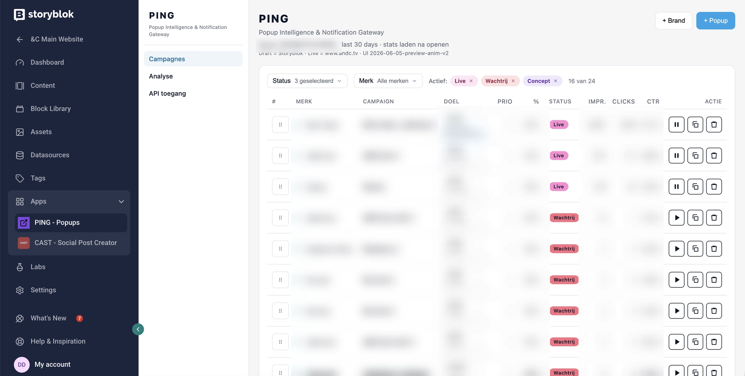 PING in Storyblok: popupcampagnes per merk, met live, wachtrij en concept
