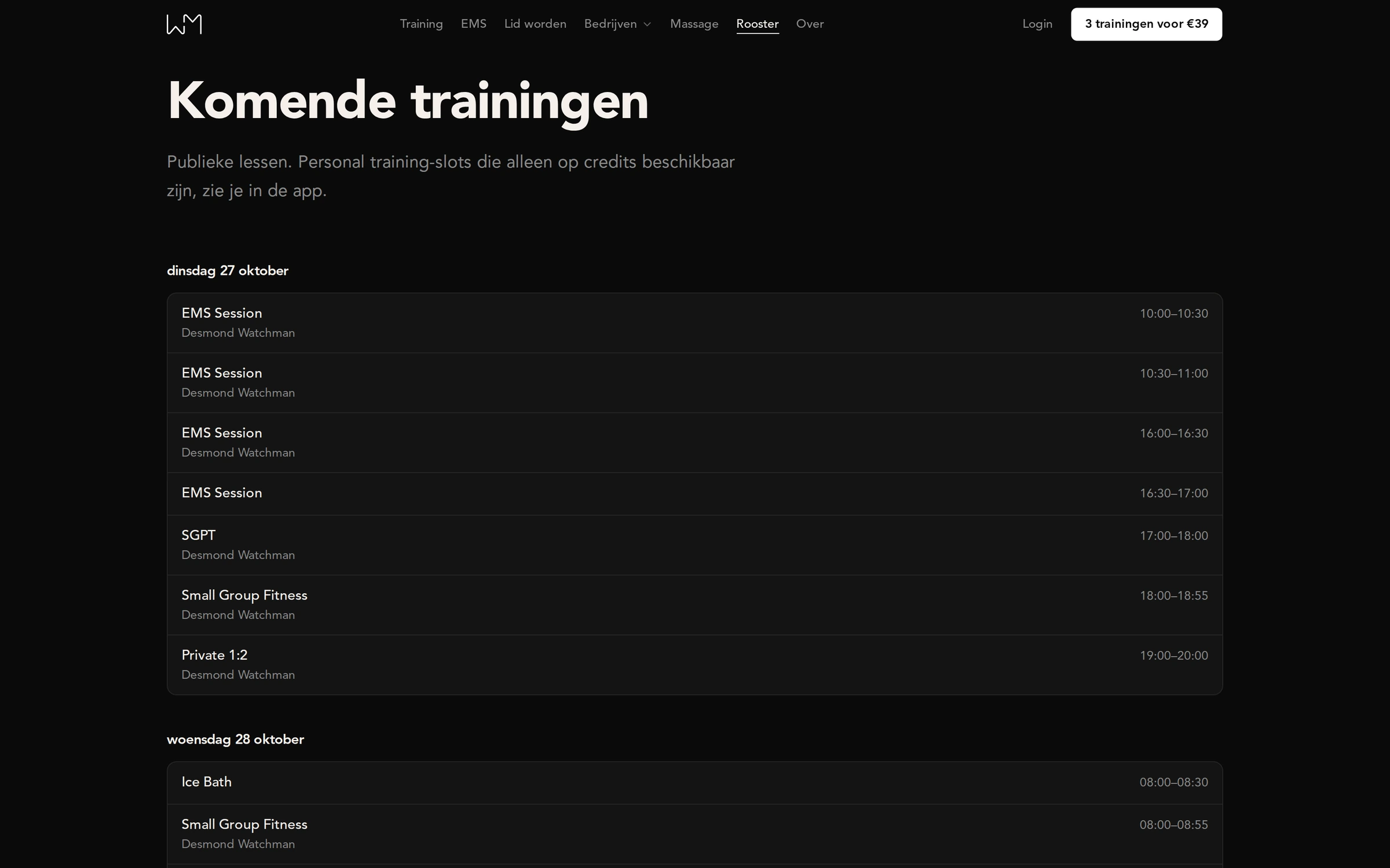Rooster op watchmangym.nl met de lessen van de komende twee weken, rechtstreeks uit Clay