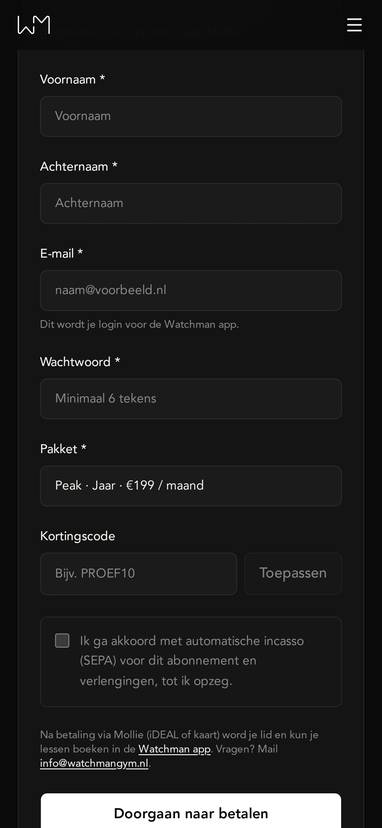Aanmeldformulier op watchmangym.nl op mobiel, met het gekozen pakket en akkoord voor SEPA-incasso