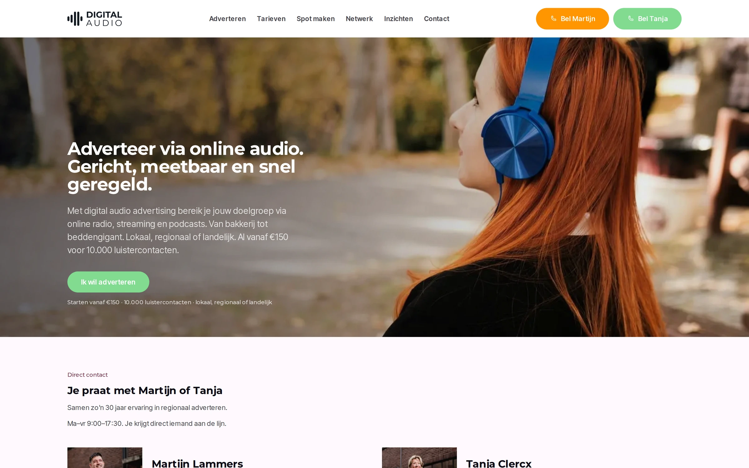 Homepage van digitalaudio.nl: adverteren via online audio, al vanaf €150 voor 10.000 luistercontacten