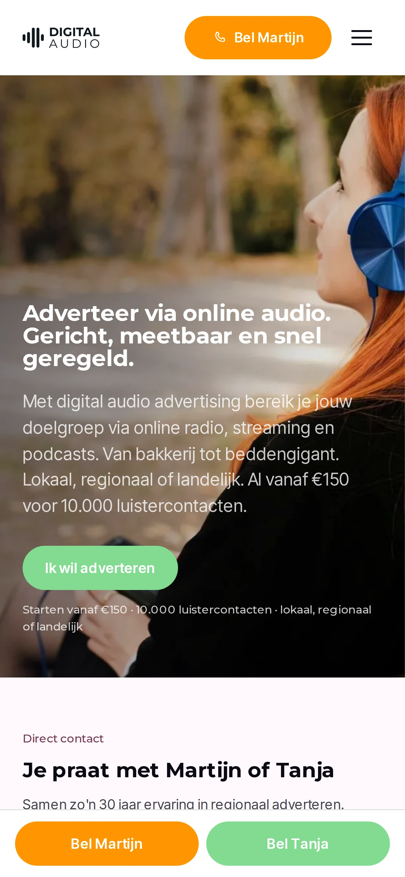 Homepage op mobiel, met Bel Martijn en Bel Tanja onderin beeld