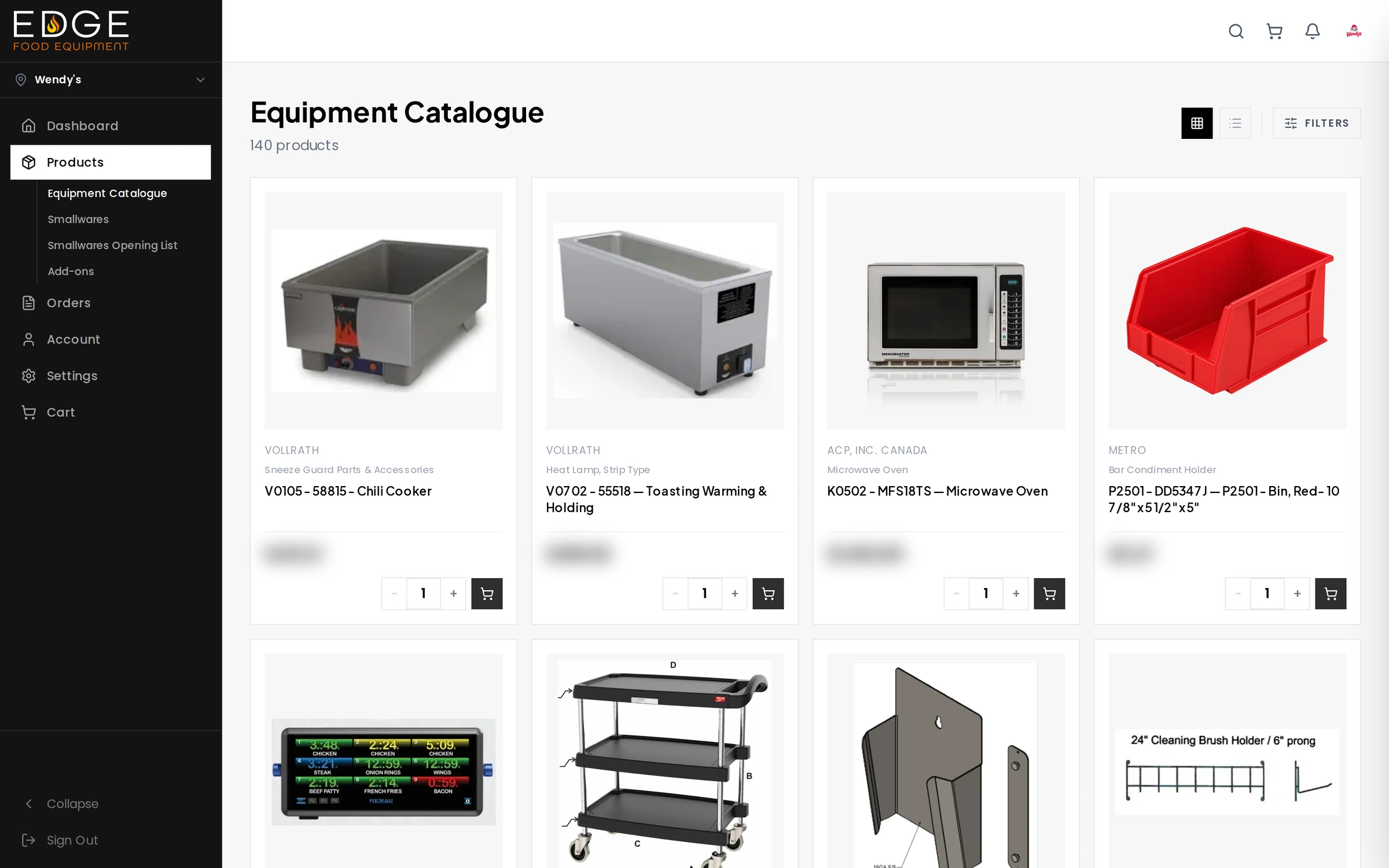 Equipment-catalogus in het Wendy's-portaal met 140 producten