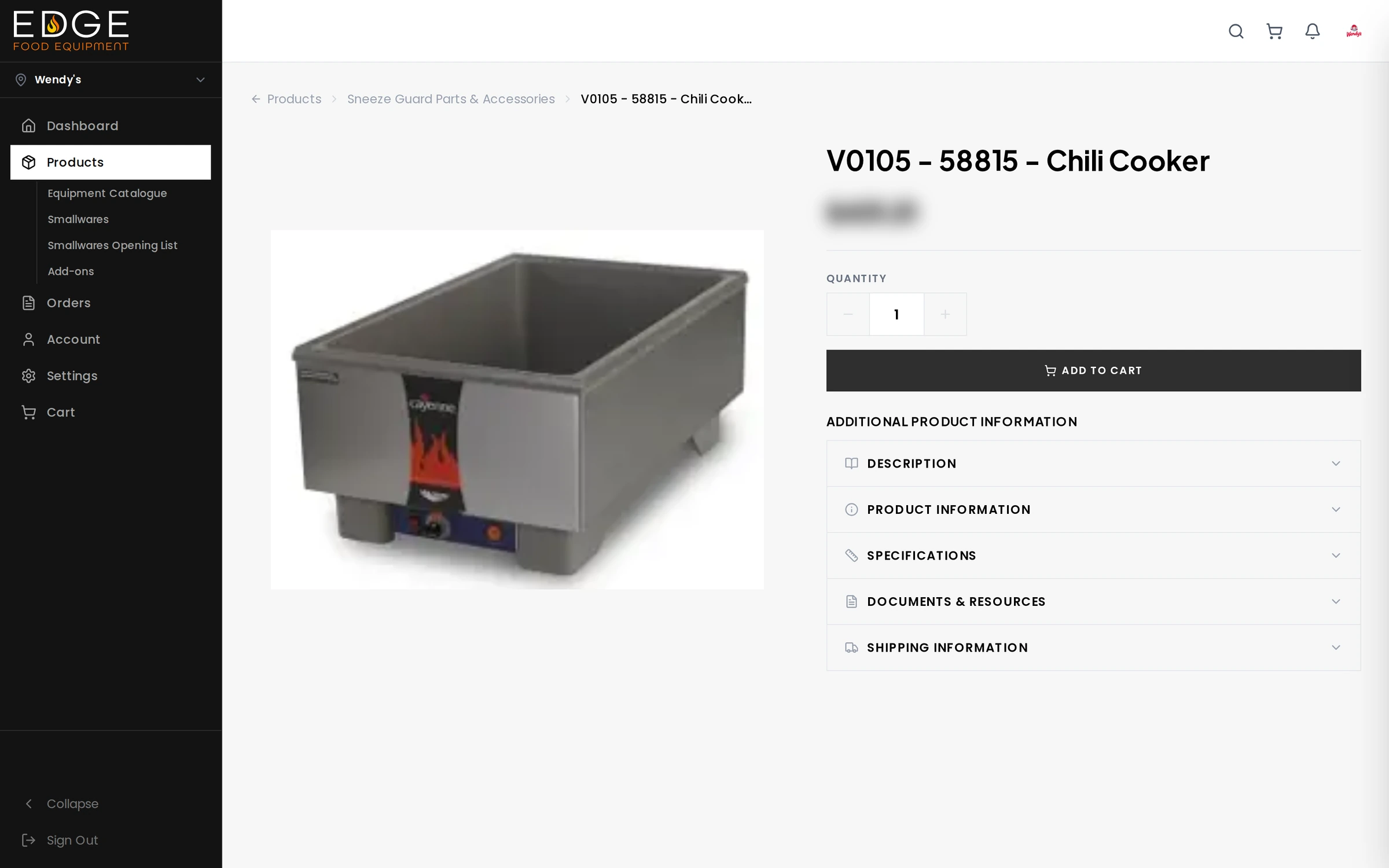 Productpagina in het portaal met specificaties, documenten en verzendinformatie