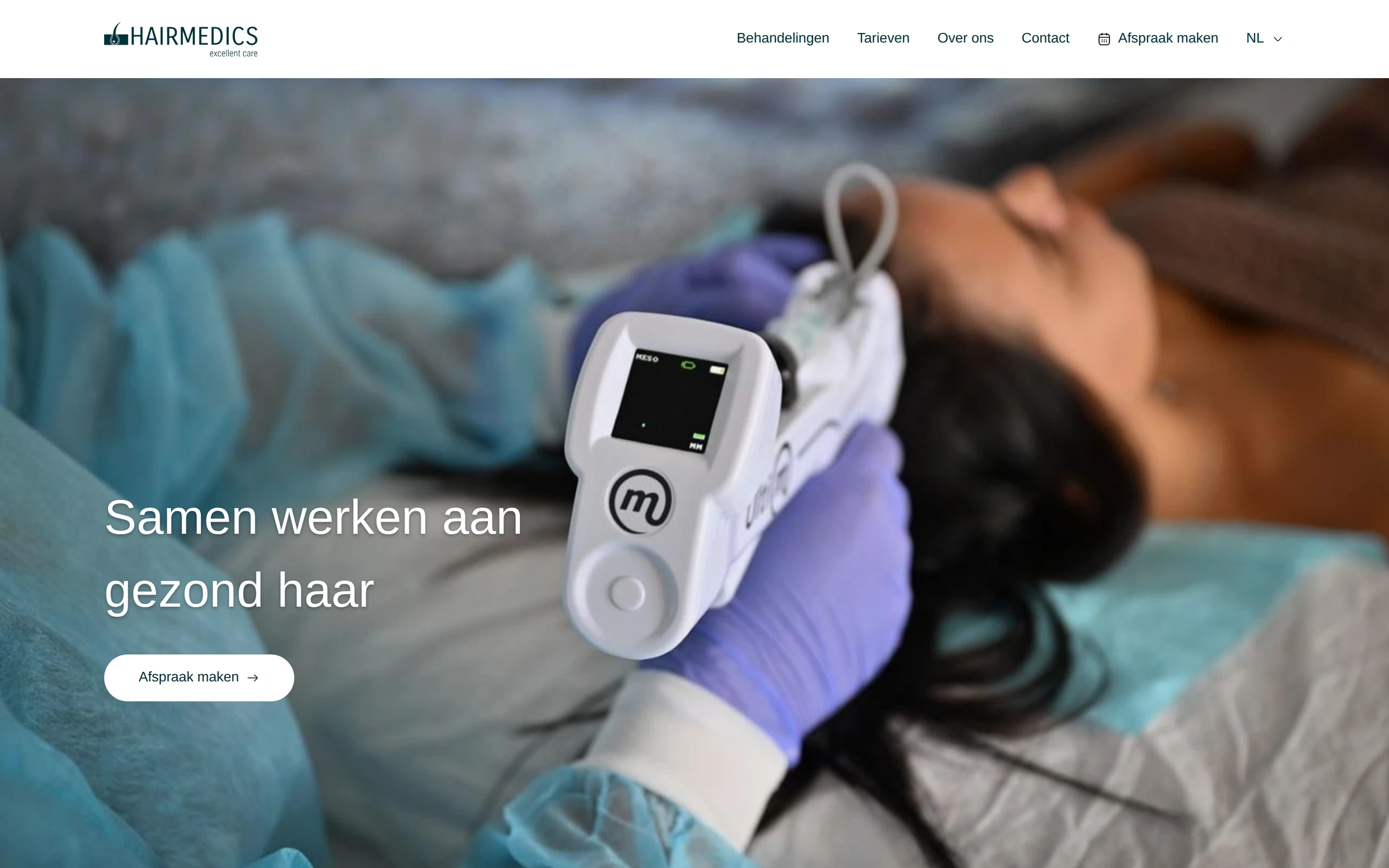 Homepage van hairmedics.nl, met de drie behandelingen