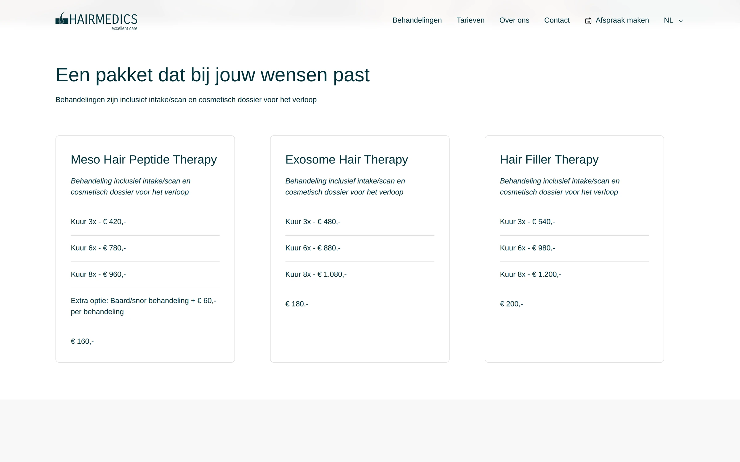Tarieven per behandeling, met kuren van 3, 6 en 8 behandelingen