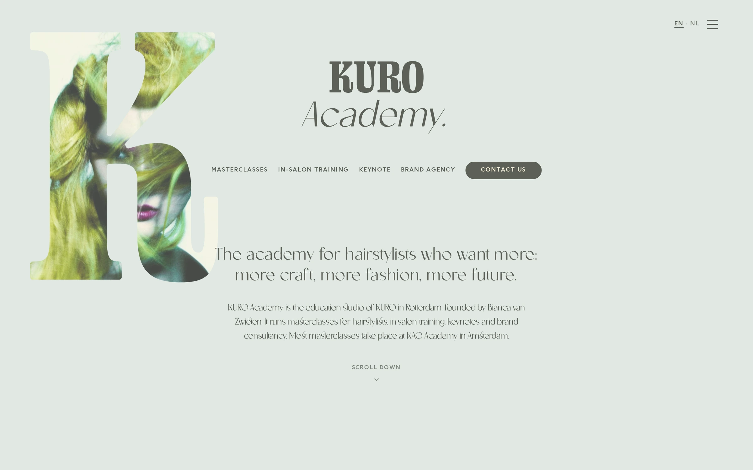 Homepage van KURO Academy: masterclasses, in-salon training en keynote
