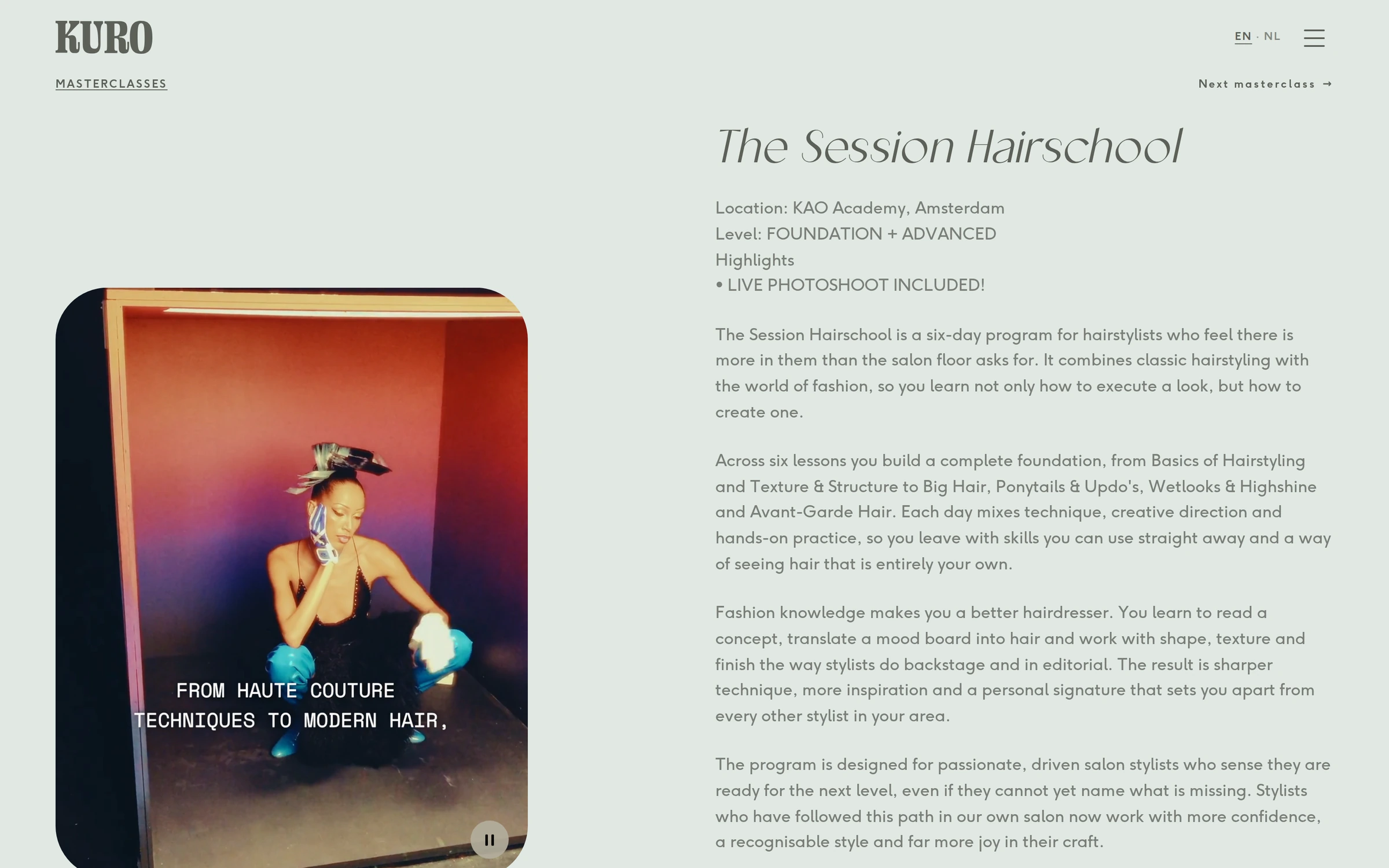 Pagina van The Session Hairschool met teaser, prijs en de knop om te boeken