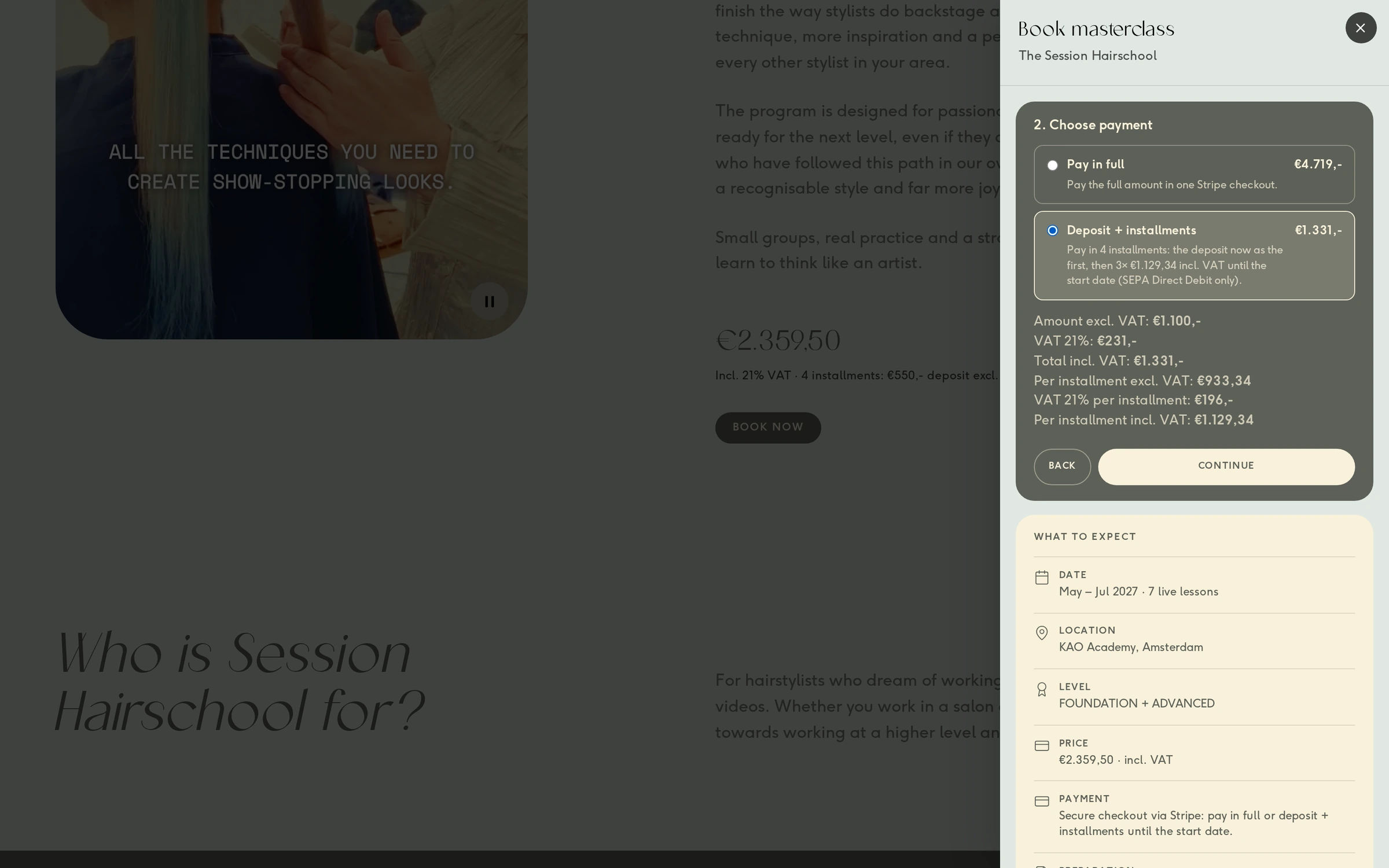 Betaalstap: alles ineens of een aanbetaling plus drie termijnen via SEPA-incasso, met btw per termijn