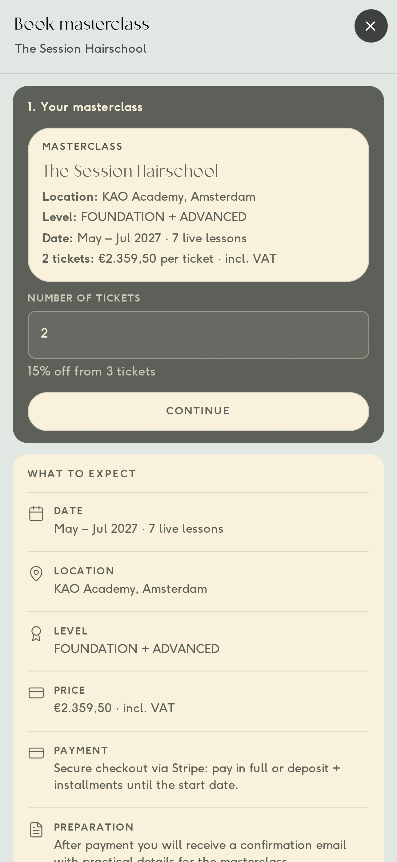 Checkout op mobiel: twee tickets, met de melding 15% korting vanaf drie tickets