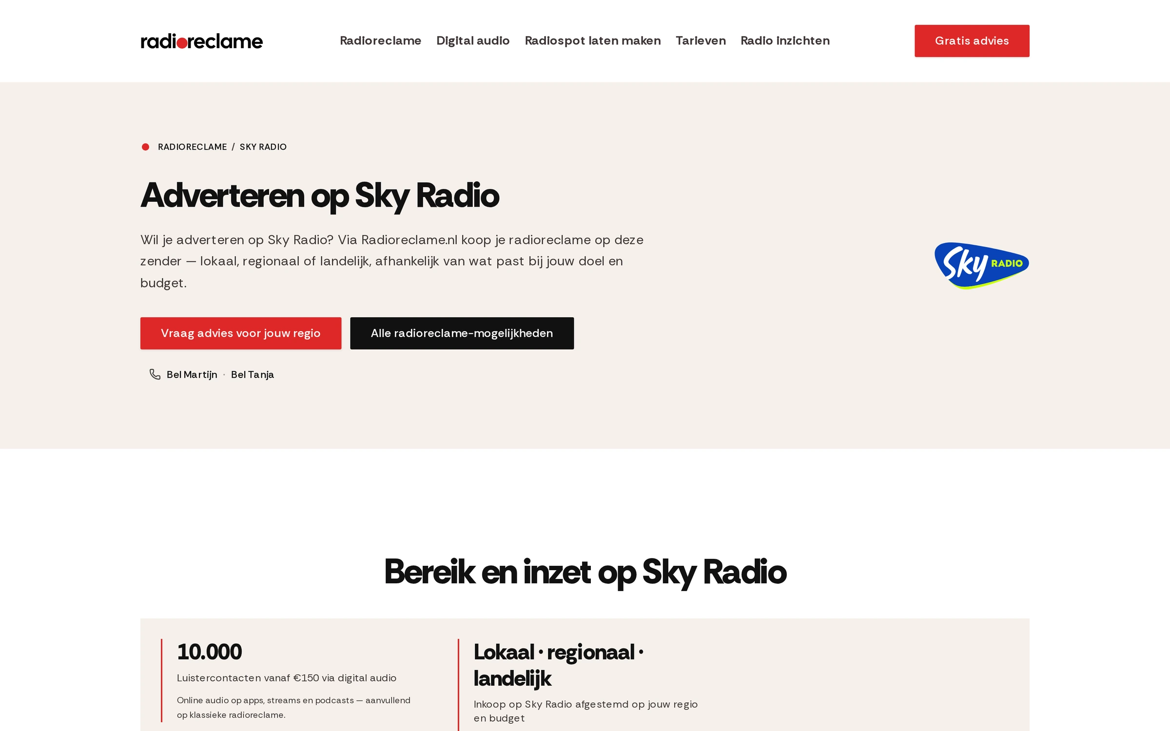 Zenderpagina Adverteren op Sky Radio, met bereik en belknoppen voor Martijn en Tanja