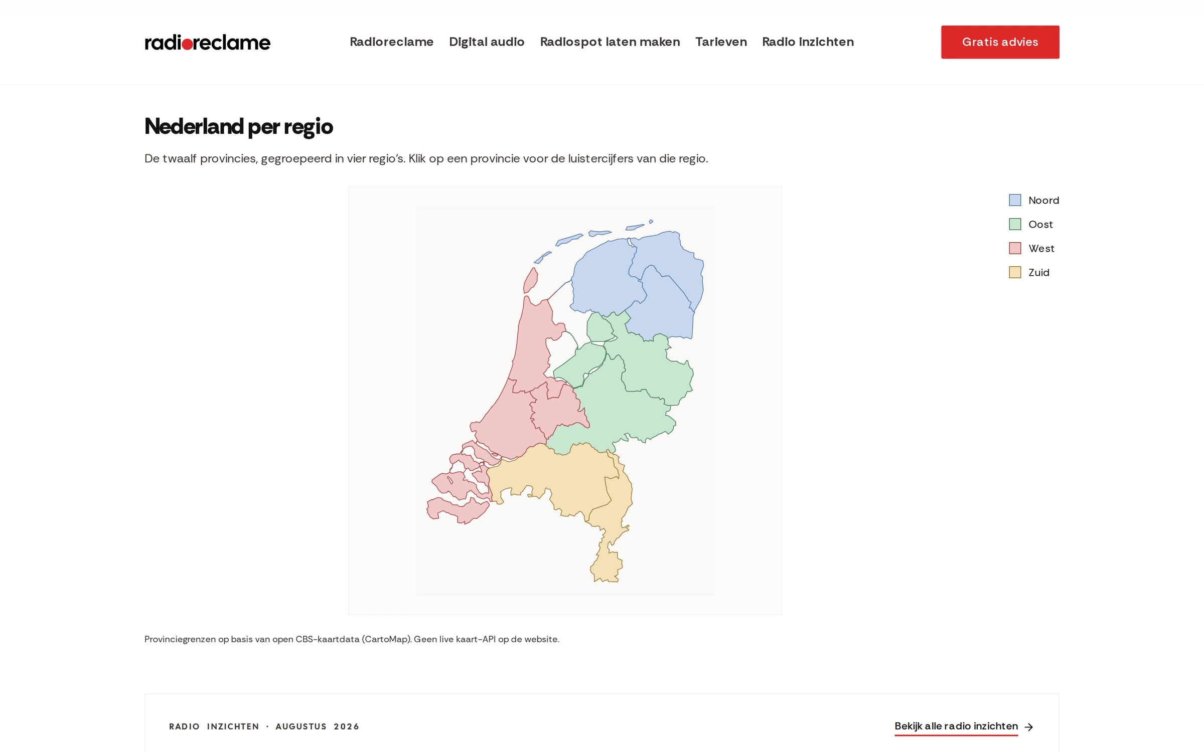 Kaart van Nederland met de twaalf provincies, gegroepeerd in Noord, Oost, West en Zuid