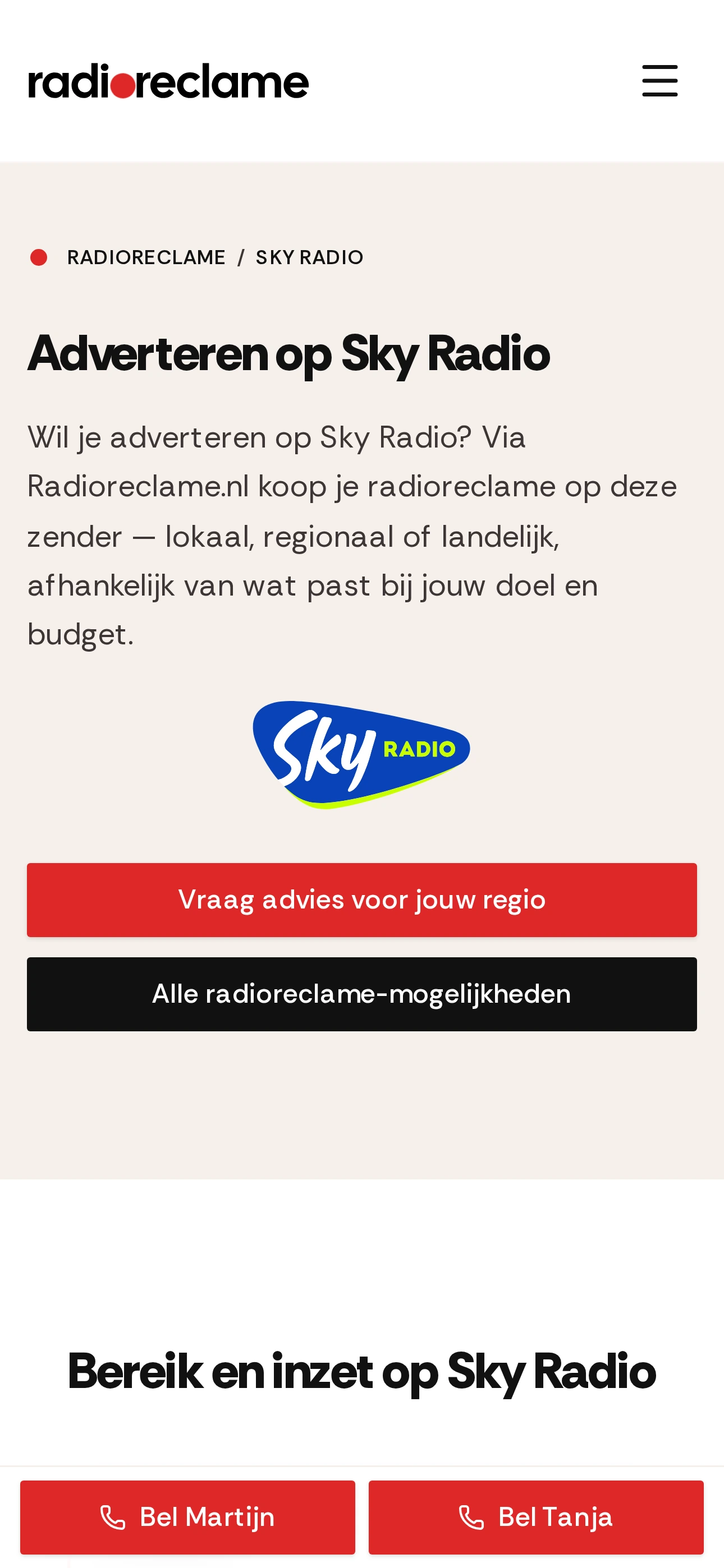 Zenderpagina op mobiel, met Bel Martijn en Bel Tanja altijd onderin beeld