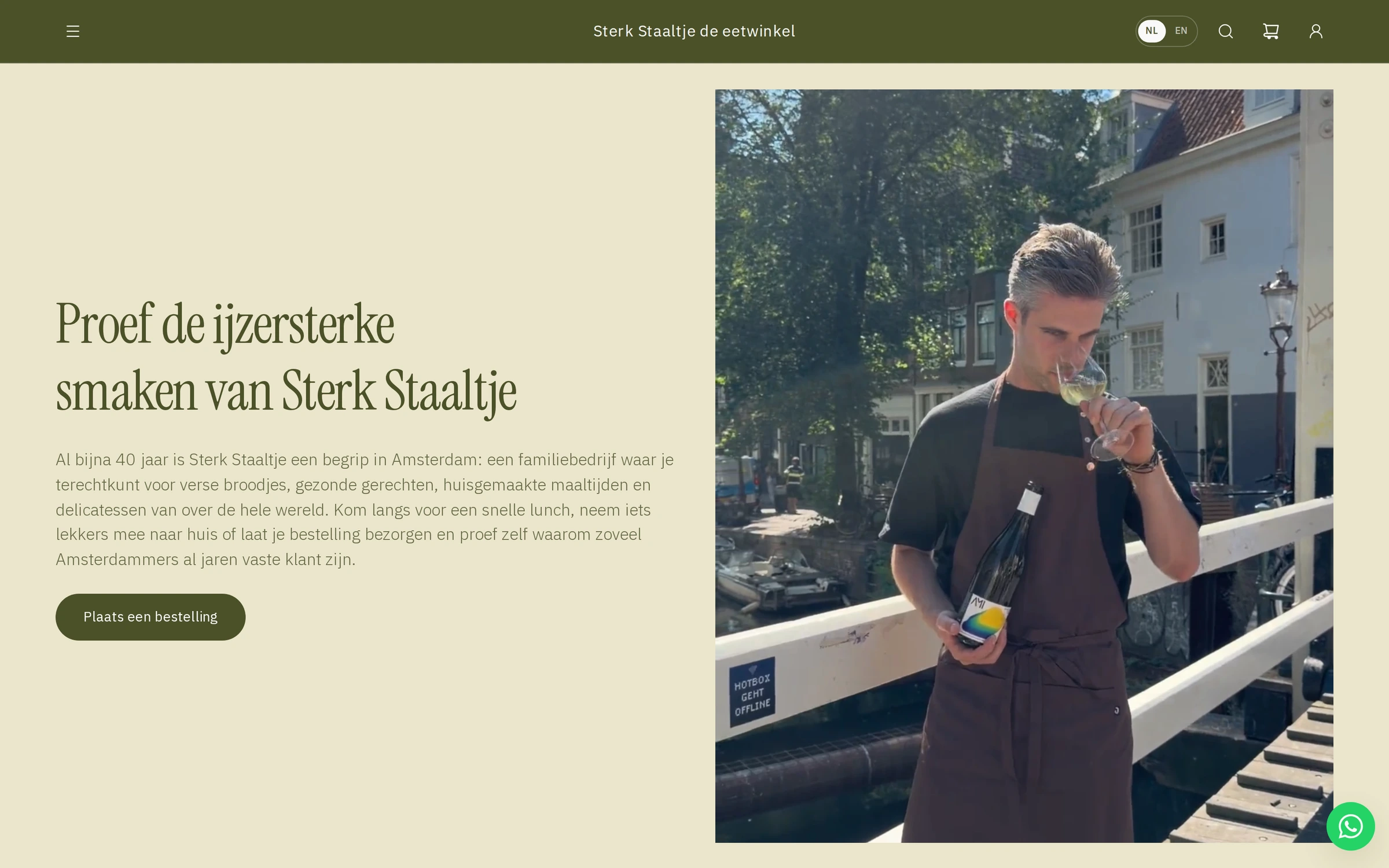 Homepage van Sterk Staaltje, met de eetwinkel en het bestelmenu