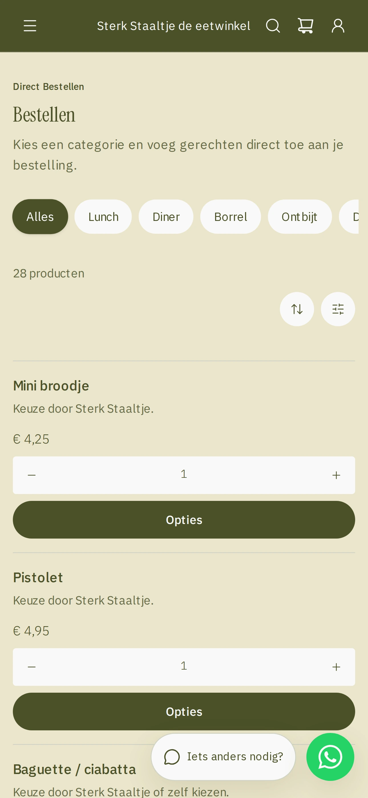 Het bestelmenu op mobiel, met filters per dagdeel
