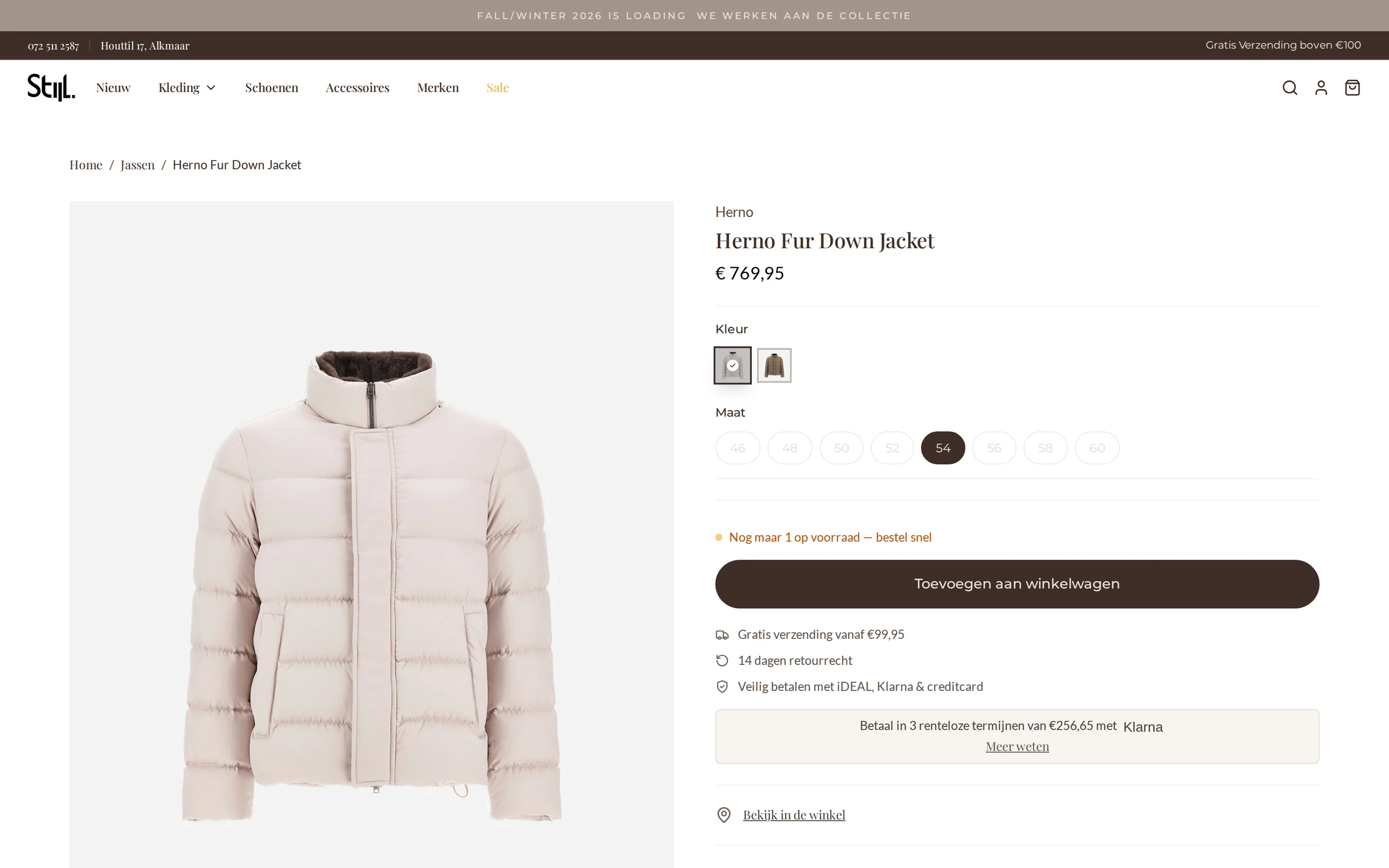 Productpagina met maat, voorraad per maat en betalen in drie termijnen