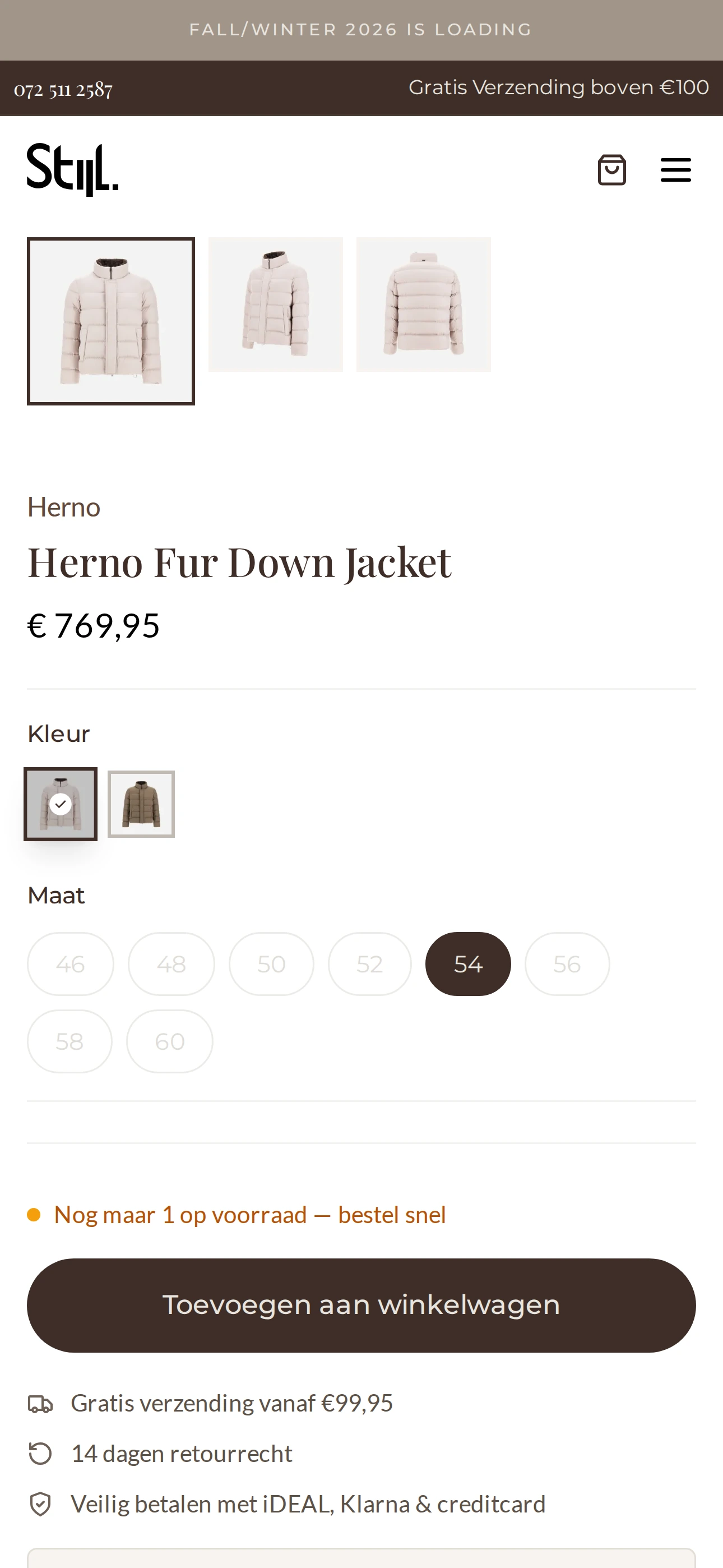 Productpagina van de webshop op mobiel