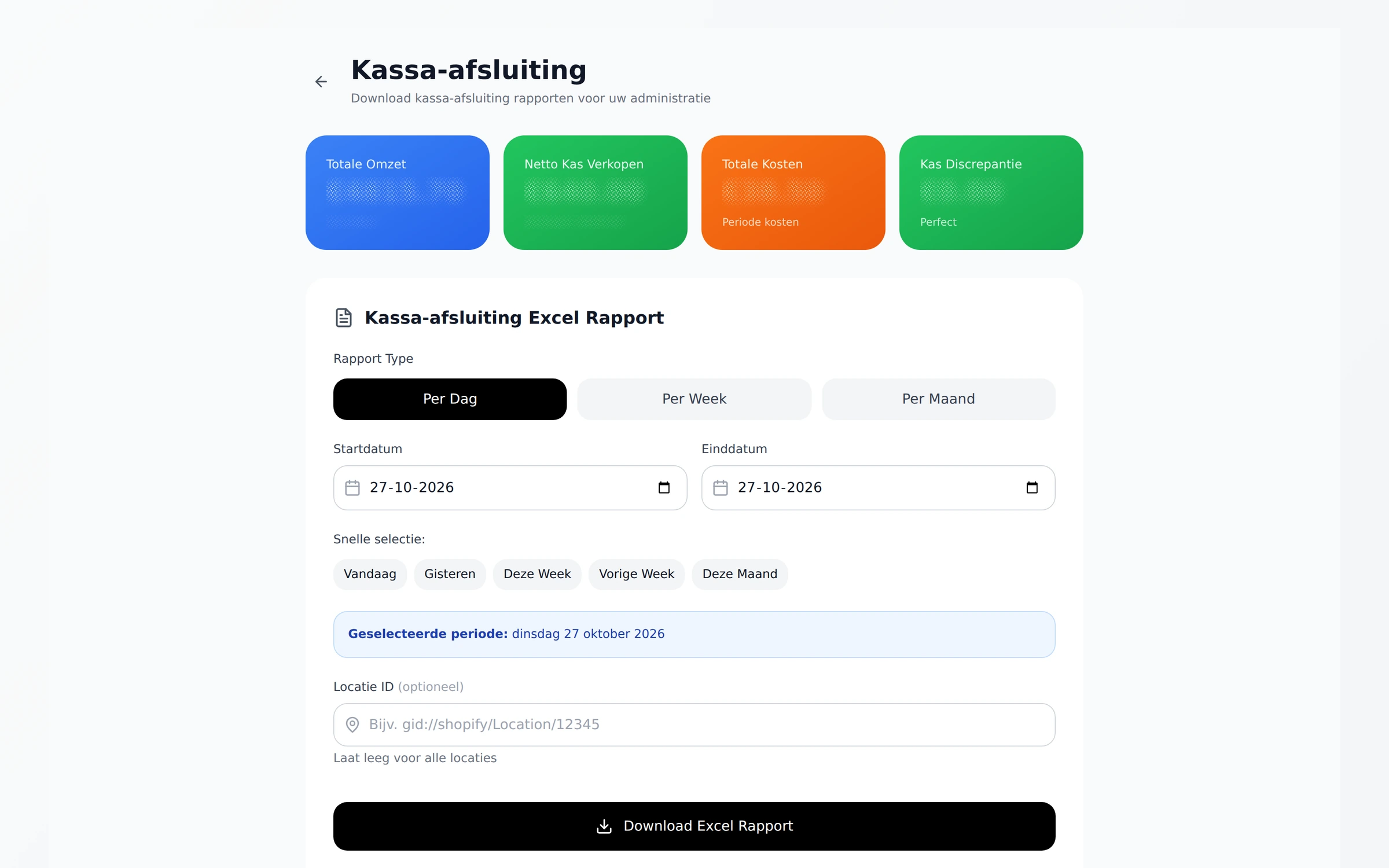 Kassa-afsluiting per dag, week of maand, met omzet, kosten en kasverschil. Bedragen zijn afgeschermd