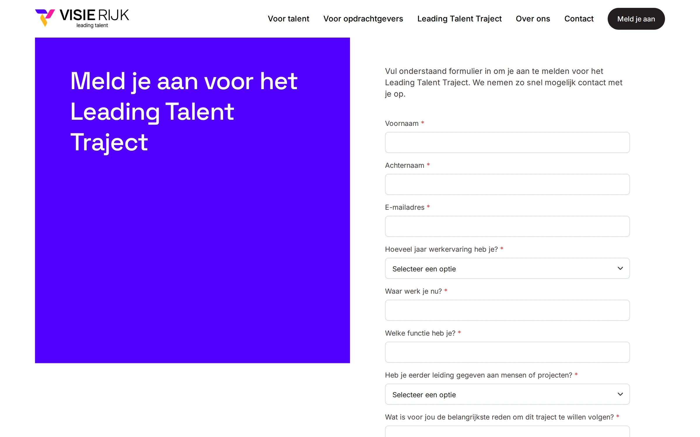Aanmeldformulier voor het Leading Talent Traject
