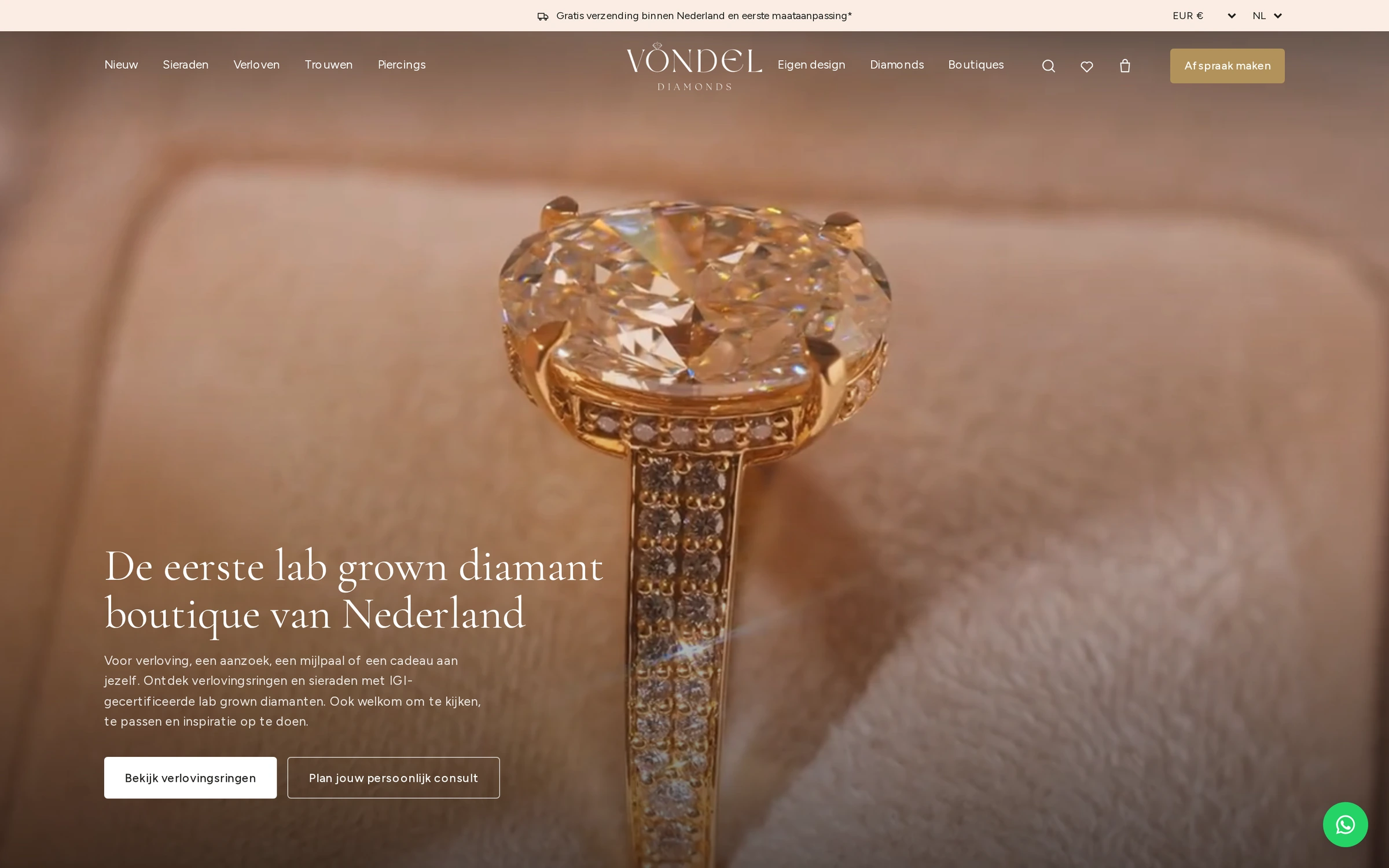 Homepage van vondel.com: de eerste lab grown diamant boutique van Nederland