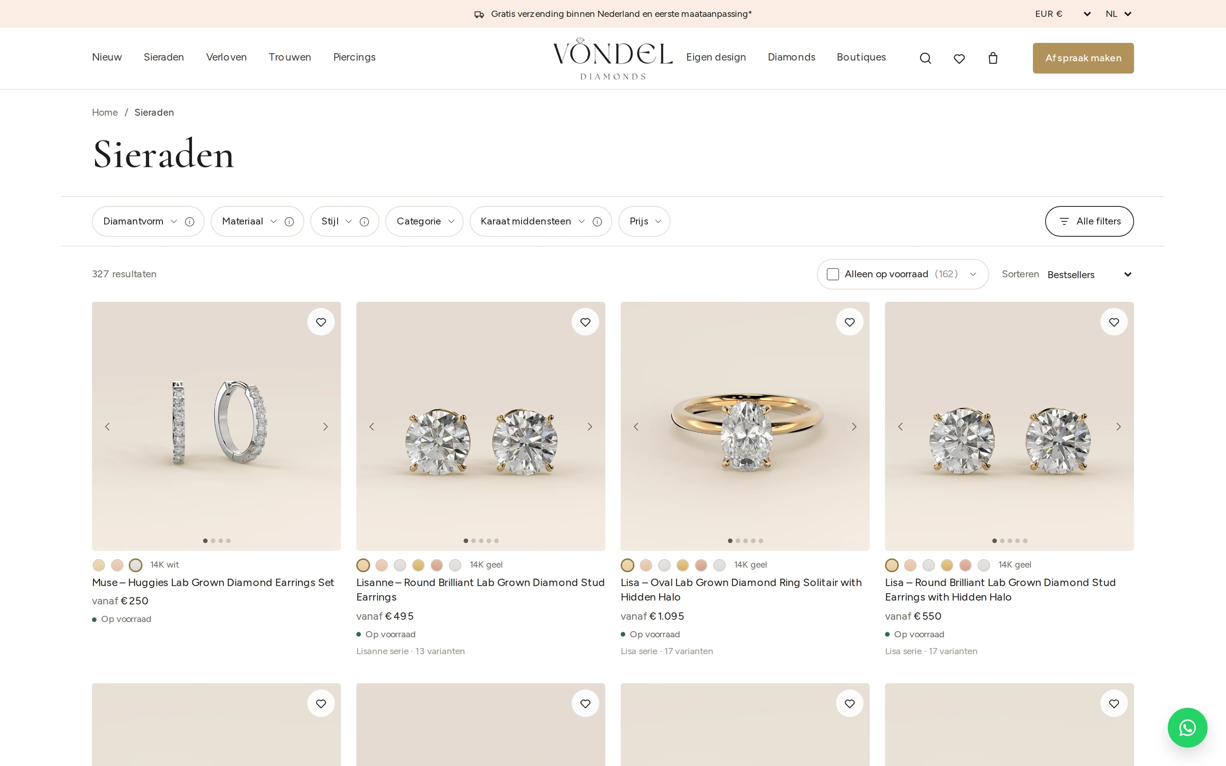 Sieradenoverzicht op vondel.com, met filters op vorm, materiaal en karaat