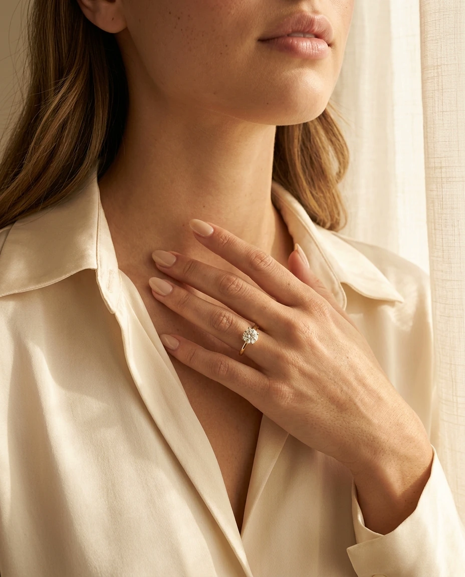 AI-lifestylefoto: model met de Lisa Round in 18K geelgoud