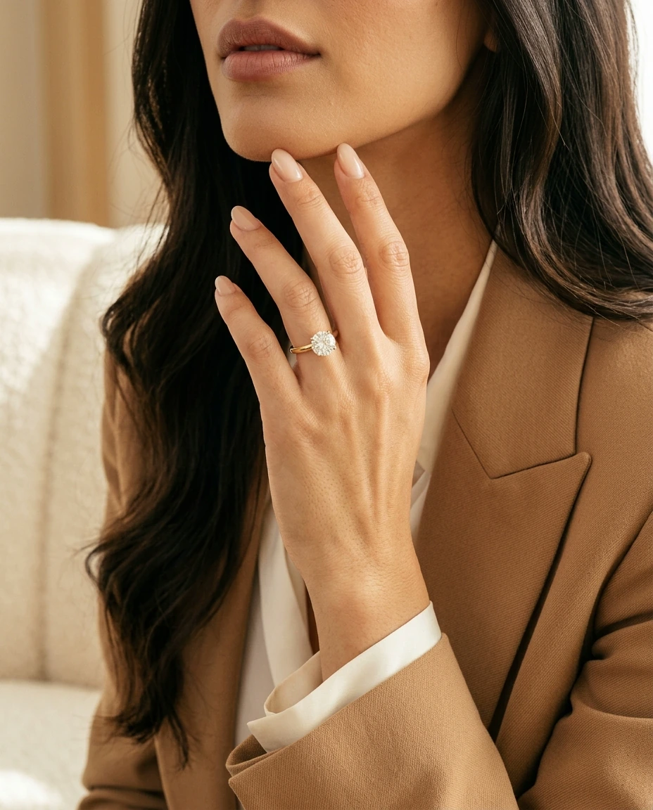 Tweede AI-lifestylefoto: model met de Lisa Round in 18K geelgoud